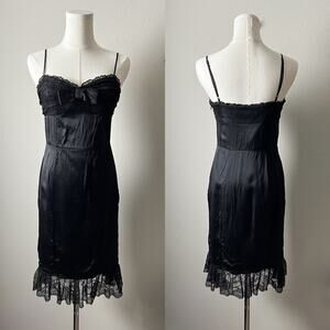 90s vintage betsey johnson black silk lace trim bow midi knee length dress